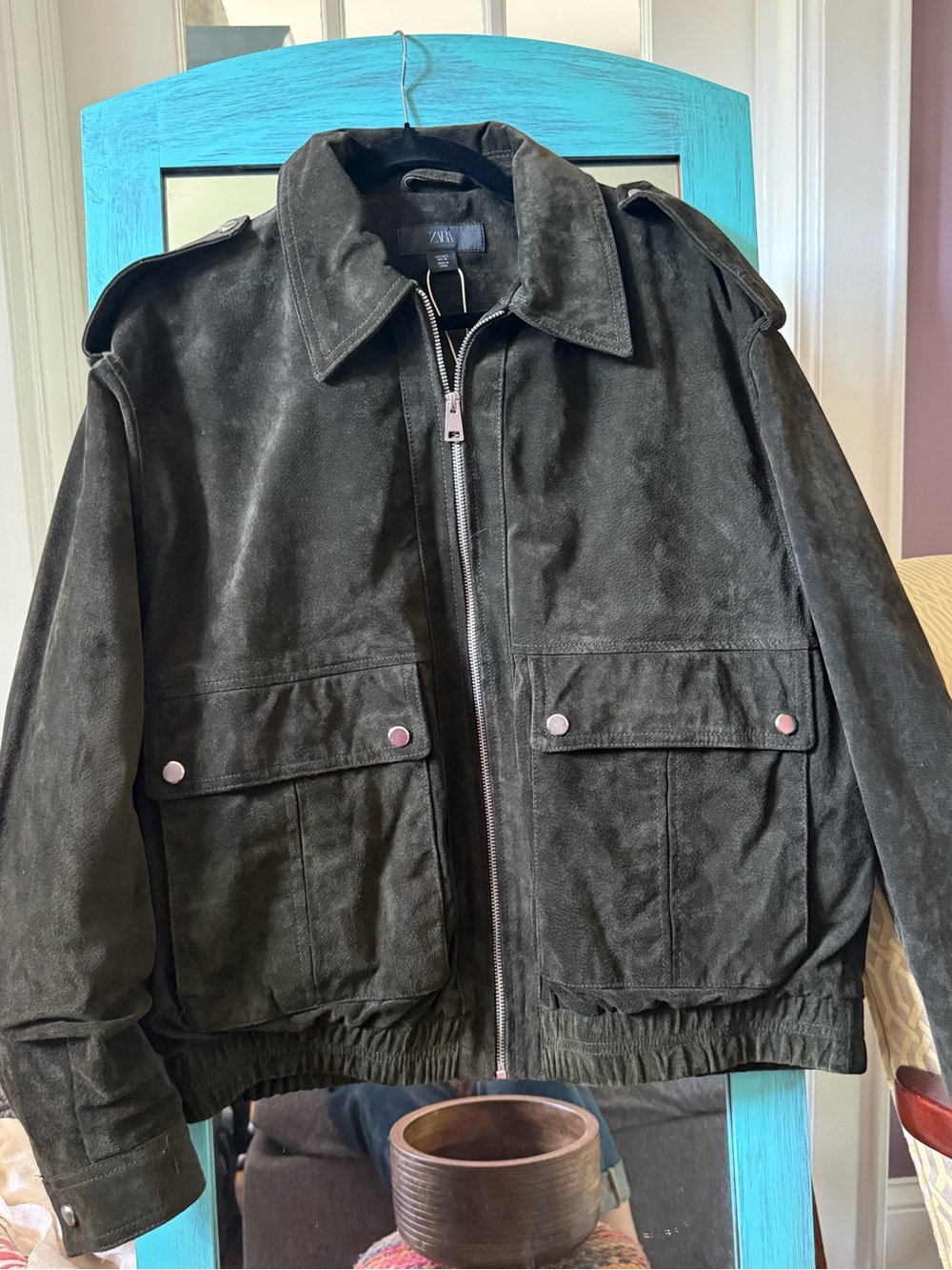 Zara women’s Dark Green Suede Zip-Front Jacket